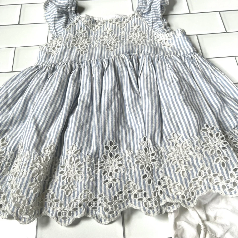 6-12M🩵 GAP Baby Girls Blue White Stripe Eyelet Embroidered Ruffle Sleeve Dress